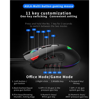 AULA ενσύρματο gaming ποντίκι Fire H512, 5000DPI, 12 πλήκτρα, RGB, μαύρο