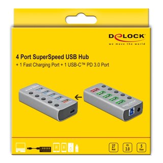 DELOCK USB hub με διακόπτες 63263, 5x USB & USB-C PD, 5Gbps, 2.4A, γκρι