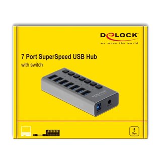 DELOCK USB hub με διακόπτες 63669, 7x USB, 5Gbps, LED, γκρι