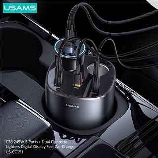 USAMS φορτιστής αυτοκινήτου C28 υποδοχές αναπτήρα & 3x ports, 245W, γκρι