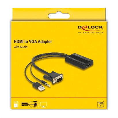 DELOCK αντάπτορας HDMI σε VGA & 3.5mm/USB 64172, 1080p, 25cm, μαύρος
