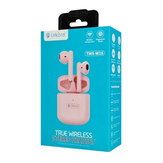 CELEBRAT earphones με θήκη φόρτισης W16, True Wireless, ροζ