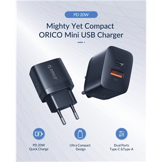 ORICO φορτιστής τοίχου PV20-1U1C, USB & USB-C, PD QC 3.0, 20W, μαύρος