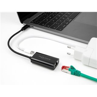 DELOCK αντάπτορας USB-C σε RJ45 & USB-C 61026, 100W, 1000Mbps, μαύρος
