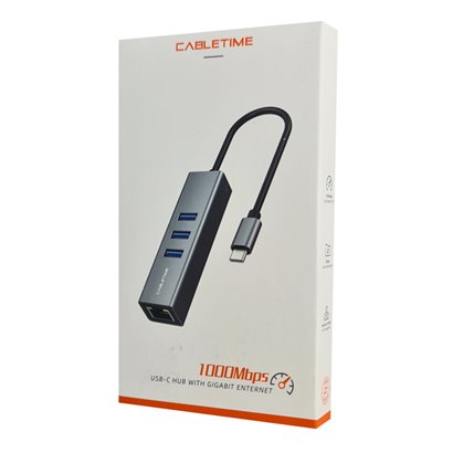 CABLETIME USB-C hub CT-CMLU3, RJ45 & 3x USB θύρες, 5Gbps, 1000Mbps, γκρι