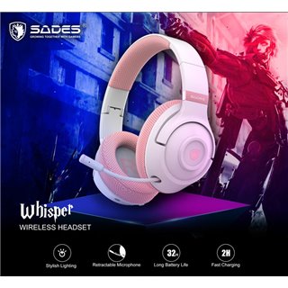 SADES gaming headset Whisper, wireless & wired, multiplatform, BT, ροζ