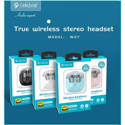 CELEBRAT earphones με θήκη φόρτισης TWS-W27, True Wireless, ροζ