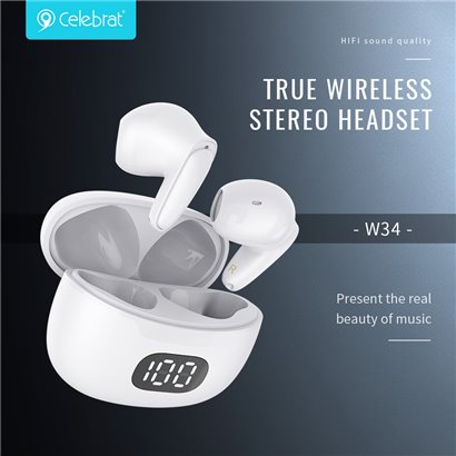 CELEBRAT earphones με θήκη φόρτισης TWS-W34, True Wireless, λευκά
