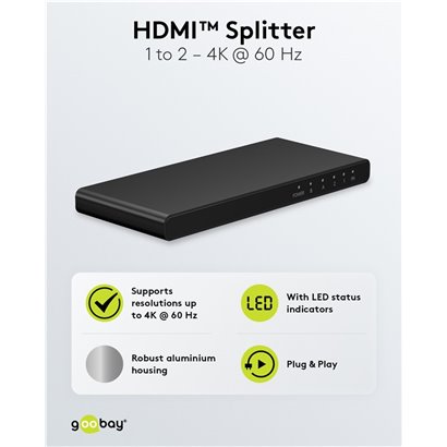 GOOBAY HDMI splitter 58481, 1-in σε 2-out, 4K/60Hz, μαύρο