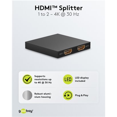 GOOBAY HDMI splitter 58480, 1-in σε 2-out, 4K/30Hz, μαύρο
