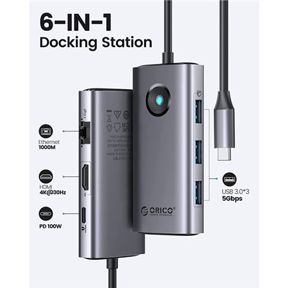 ORICO docking station PW11-6PR, 3x USB/USB-C/HDMI/RJ45, 4K, 100W, γκρι