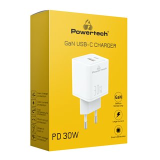 POWERTECH φορτιστής τοίχου PT-1093, USB-C, PD 30W, GaN, λευκός