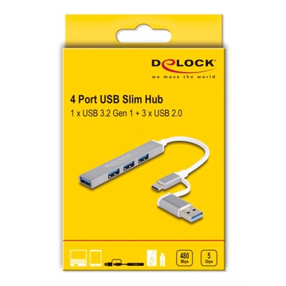 DELOCK USB hub 64214, 4x USB θύρες, USB & USB-C σύνδεση, γκρι