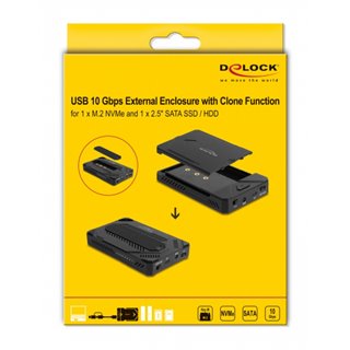 DELOCK θήκη για M.2 & 2.5" SATA SSD/HDD 42020, USB-C, λειτουργία κλώνου