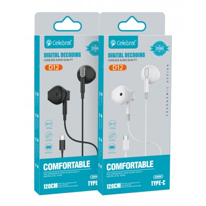 CELEBRAT earphones με μικρόφωνο D12, USB-C, 1.2m, λευκά