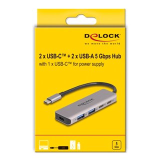 DELOCK USB-C hub 64239, 2x USB/2x USB-C θύρες, 5Gbps, γκρι