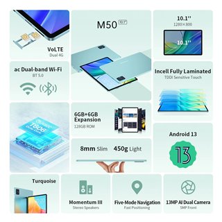 TECLAST tablet M50, 10.1" HD, 6/128GB, Android 13, 4G, 6000mAh, μπλε