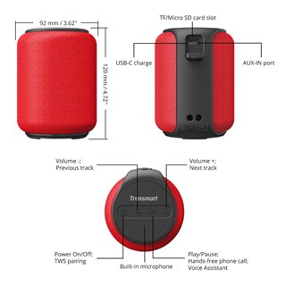 TRONSMART φορητό ηχείο Element T6 Mini, 15W, Bluetooth, 2500mAh, κόκκινο