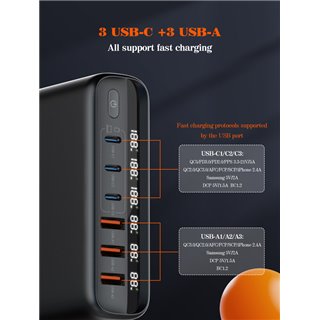 LDNIO σταθμός φόρτισης A6140C, 3x USB-C/3x USB, 140W, PD/QC, GaN, μαύρος