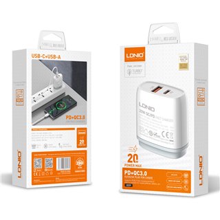 LDNIO φορτιστής τοίχου Q229 με καλώδιο, USB & USB-C, 20W PD, λευκός