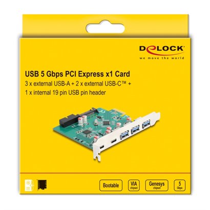 DELOCK κάρτα επέκτασης PCI x1 σε 3x USB/2x USB-C/19-pin 90109, 5Gbps