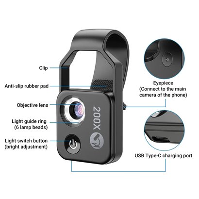 APEXEL φακός μικροσκόπιο APL-MS002 για smartphone κάμερα, 200x zoom, LED