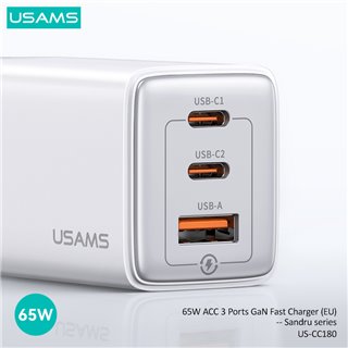 USAMS φορτιστής τοίχου US-CC180, USB & 2x USB-C, 65W PD, GaN, μαύρος