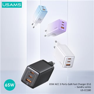 USAMS φορτιστής τοίχου US-CC180, USB & 2x USB-C, 65W PD, GaN, λευκός
